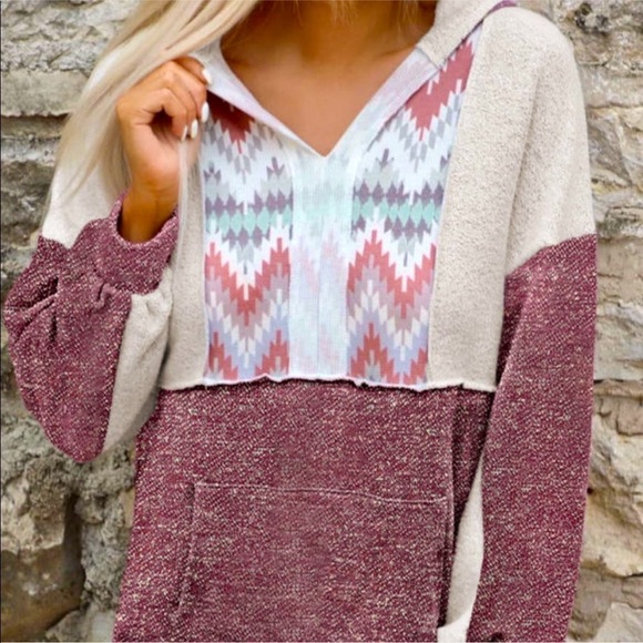🌵Aztec/Tribal Print Color Block Hooded Sweatshirt Kangaroo Pocket - Picture 15 of 16